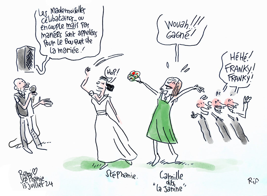 Lancer_De_Bouquet-par-DJ le lancer de bouquet de la mariée - par Vincent Rif, dessinateur de mariage