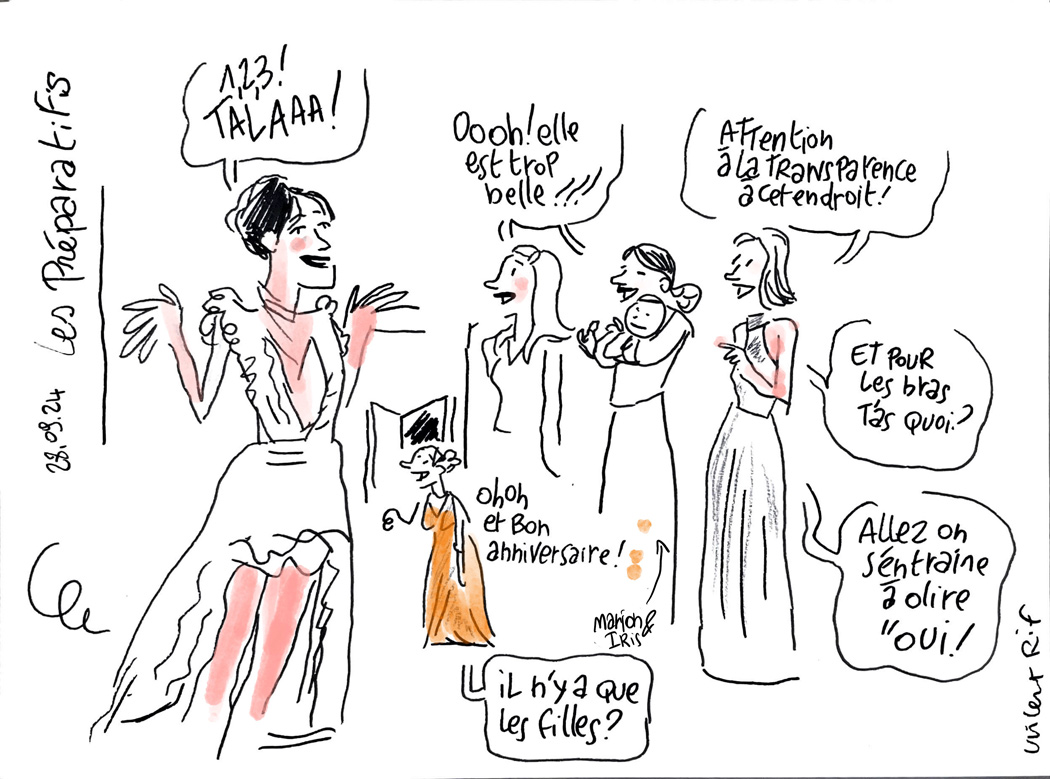 robe-mariage-dessins-rousset reportage dessiné par Vincent Rif des préparatifs de mariage à Rousset, Provence