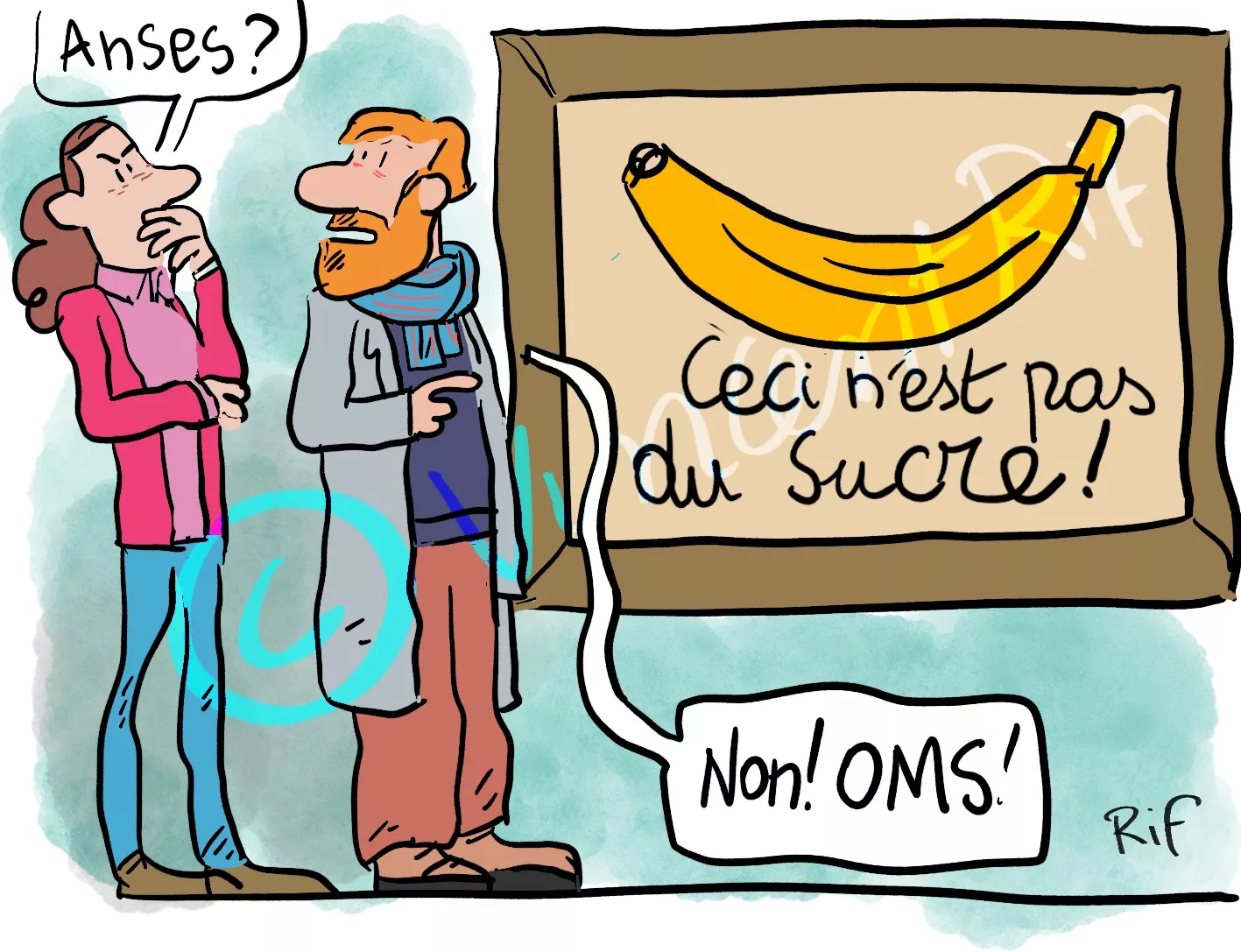 anses-oms_sucre_et_sucre_Magritte Dessin de presse pour que choisir sur la mesure du sucre dans les aliments selon anses et oms